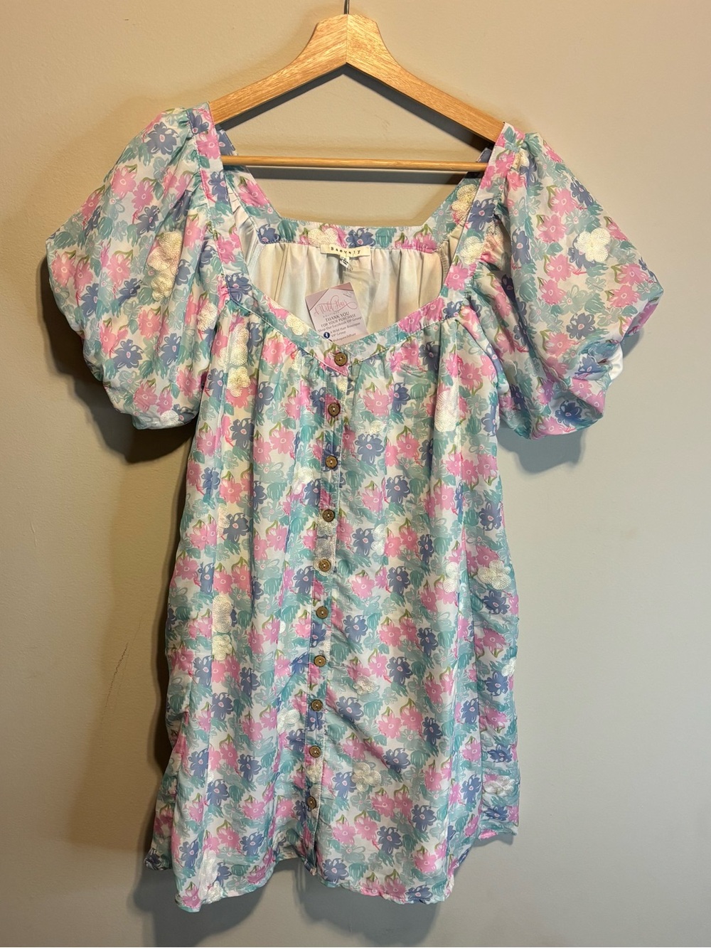 ✨NWT Baevely Pastel Floral Puff Sleeve Button-Front Mini Dress Size Medium